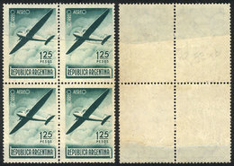 229 ARGENTINA: GJ.848, 1940 1.25P. Airplane, Block Of 4 Printed On END-OF-ROLL JOINED PAPER, Excellent Quality, Very Rar - Airmail