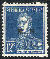 257 ARGENTINA: GJ.258, 1925 12c. San Martín Printed On Ribbed Paper, M.H. Overprint, Mint With Tiny Hinge Mark, Excellen - Oficiales