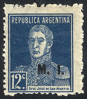 260 ARGENTINA: GJ.315, 12c. San Martín With Period, Perf 13½, M.I. Overprint, MNH, Extremely Rare, Signed By Victor Knei - Officials