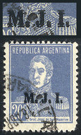 263 ARGENTINA: GJ.415b, 20c. San Martín Without Period, DOUBLE OVERPRINT, Used, VF Quality, Very Rare! - Oficiales