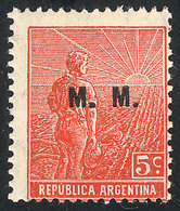 264 ARGENTINA: GJ.456, 1915 5c. Plowman, Italian Paper, Perf 13½x12½, M.M. Overprint, MNH, VF Quality, Very Rare! - Service