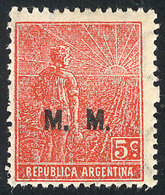 265 ARGENTINA: GJ.456, 1915 5c. Plowman, Italian Paper, Perf 13½, M.M. Overprint, Mint Very Lightly Hinged, VF Quality,  - Servizio