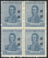 266 ARGENTINA: GJ.479, 1922 12c. San Martín With Round Sun Wmk, M.M. Ovpt, MNH Block Of 4, Excellent Quality, Rare. Cata - Dienstzegels