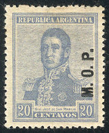 273 ARGENTINA: GJ.527, 1918 20c. San Martín Unwatermarked, M.O.P. Overprint, Mint, With A Small Thin In The Hinge Area,  - Oficiales