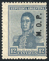 275 ARGENTINA: GJ.532, 1920 12c. San Martín With Multiple Suns Wmk, M.O.P. Overprint, Mint Lightly Hinged, VF Quality, V - Dienstmarken