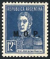 276 ARGENTINA: GJ.546, 1925 12c. San Martín Without Period, M.O.P. Overprint, MNH, Superb, Rare! - Dienstzegels