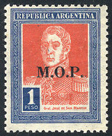 277 ARGENTINA: GJ.555, 1925 1P. San Martín With M.O.P. Overprint In Serif Font, Mint Lightly Hinged, VF Quality, Rare! - Officials