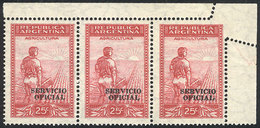 281 ARGENTINA: GJ.640, Corner Strip Of 3, IMPERFORATE At Top Right, Excellent Quality! - Officials