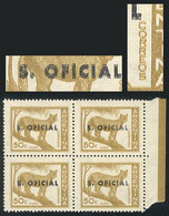 289 ARGENTINA: GJ.729, Puma 50c., Block Of 4 With Variety: DOUBLE OVERPRINT (fairly Overlapping), And DOUBLE IMPRESSION  - Oficiales
