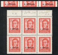 294 ARGENTINA: GJ.755, 20P. San Martín With Sun Watermark, Block Of 6, 5 Examples With Unlisted DOUBLE OVERPRINT Variety - Officials