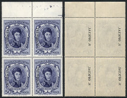 297 ARGENTINA: GJ.776, 50P. San Martín, Block Of 4 With Variety: OFFSET IMPRESSION OF THE OVERPRINT On Back, Excellent Q - Servizio