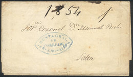313 ARGENTINA: "Folded Cover Sent To Salta In 1854, With Blue Oval ""RENTA GENERAL DE CORREOS DE BUENOS AIRES"" And Manu - Préphilatélie