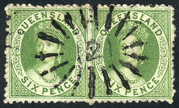 422 AUSTRALIA: Sc.20, 1865 6p. Yellow-green With Perforation 13, Pair Of Great Quality! - Mint Stamps