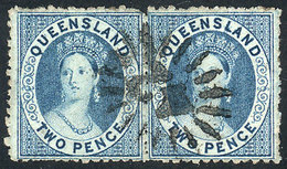 423 AUSTRALIA: Sc.22, 1866 2p. Blue, Pair Of Excellent Quality! - Mint Stamps