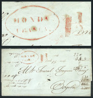 519 COLOMBIA: "20/NO/1847 HONDA To Bogotá: Entire Letter With Ellipse HONDA-FRANCA Mark In Red + ""1½"" (rating), Very F - Colombie