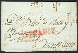 554 SPAIN: "Circa 1780: Undated Folded Cover Sent To Buenos Aires, With Red ""CADIZ"" And ""3 P."" Markings, Very Nice!" - Sonstige & Ohne Zuordnung