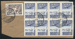 595 FINLAND: Sc.C3, 1950 300Mk. Blue, Beautiful Block Of 8 On Fragment With Postmark Of Helsinki 28/NO/1953, VF! - Used Stamps