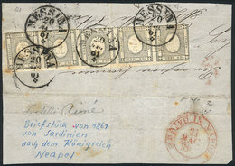 712 ITALY: 1c. Newspaper Stamp Of 1861 (Sc.P1) In Strip Of 5, Franking A Large Fragment Of A Cover Sent From MESSINA To  - Ohne Zuordnung