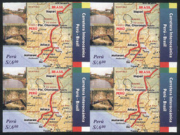 806 PERU: Sc.1509, 2006 Peru-Brazil Trans-oceanic Highway (map, Bridges), IMPERFORATE BLOCK OF 4, Very Fine Quality, Rar - Pérou