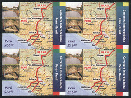 806 PERU: Sc.1509, 2006 Peru-Brazil Trans-oceanic Highway (map, Bridges), IMPERFORATE BLOCK OF 4, Very Fine Quality, Rar - Perù