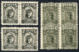 807 PERU: Sc.292, 1931 2c. Manco Capac, Block Of 4 With Very Notable DOUBLE IMPRESSION + 2 Pairs With Negative Impressio - Peru