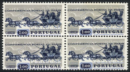 830 PORTUGAL: Sc.906, 1963 1E. Postal Conference Of Paris, Block Of 4 With VARIETY: Light Blue And Dark Blue Colors With - Andere & Zonder Classificatie