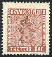 853 SWEDEN: Sc.11, 1858 30o. Brown, Mint No Gum, VF Quality, Catalog Value US$500. - Sonstige & Ohne Zuordnung