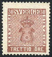 853 SWEDEN: Sc.11, 1858 30o. Brown, Mint No Gum, VF Quality, Catalog Value US$500. - Altri & Non Classificati