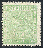 854 SWEDEN: Sc.1q, 1868 3s. Green, Second Reprint, Mint No Gum, Fine To VF Quality, Catalog Value US$460. - Other & Unclassified