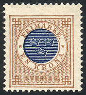 859 SWEDEN: Sc.49, 1886/91 1Kr. Bistre And Dark Blue, Mint, VF Quality, Catalog Value US$100. - Andere & Zonder Classificatie