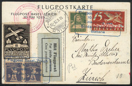 872 SWITZERLAND: 10/MAY/1925 Flight Basel - Zürich, Postcard With Cinderella And Special Cancels, VF Quality! - ...-1845 Voorlopers