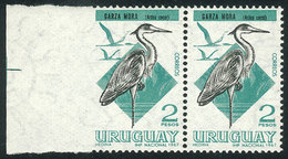 927 URUGUAY: Sc.752, 1968/70 2P. Cocoi Heron, Pair With VARIETY: Left Margin IMPERFORATE, MNH, Excellent Quality, Rare! - Uruguay