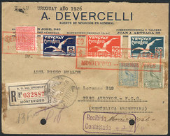 947 URUGUAY: 26/MAR/1926 Montevideo - Tres Arroyos (Argentina): Registered Cover Flown Via The Montevideo-Buenos Aires A - Uruguay