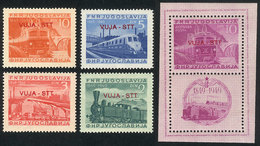 977 YUGOSLAVIA - TRIESTE B: Sc.17/20 + C17, 1950 Trains, Cmpl. Set Of 4 MNH Values + Souvenir Sheet (very Lightly Hinged - Andere & Zonder Classificatie