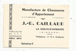 Carte De Visite , Manufacture De Chaussures D'appartement , J. R. Caillaud , LA GRAVE D'AMBARES , Gironde - Visiting Cards