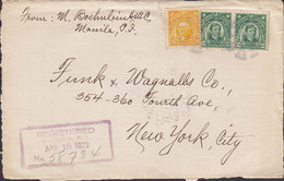 Philippines Registered Einschreiben MANILA 1923 Cover Brief (Front Only!!) NEW YORK United States Perf. 10 & 11 !! - Filippine