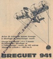 Ancienne Publicite (1962) : AVION BREGUET 941, Transport Moyen, Décollage Et Atterrissage Courts, Aviation - Pubblicità