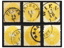 67 ° AUSTRIA. Mi.24 (6). 1863. <B>2 Kr.</B> Yellow. 6 Fine Used Stamps. Michel.780?. - Other & Unclassified