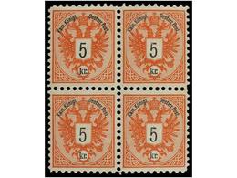 80 **/* AUSTRIA. Mi.46 (4). 1883. <B>5 Kr.</B> Red, Perf. 10 1/2. Block Of Four, Three Stamps Never Hinged. (Netto +1.33 - Sonstige & Ohne Zuordnung