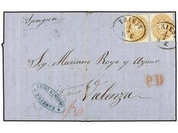 94 AUSTRIA. 1866. TRIEST A VALENCIA (España). <B>15 Kr. </B>castaño Claro (2). Magnífica, Rara Destinación. <BR> - Other & Unclassified