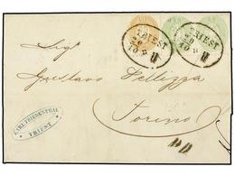 95 AUSTRIA. Sc.23, 26. 1866 (Oct. 20). Cover From TRIEST To TURIN Franked By 1863-64 <B>3kr. </B>green Pair And Single < - Other & Unclassified