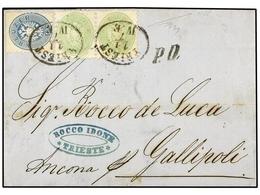 96 AUSTRIA. Mi.31 (2), 33. 1867. TRIEST To GALLIPOLI (Italy). <B>10 Kr.</B> Blue And Pair Of <B>3 Kr.</B> Green. FINE. - Other & Unclassified
