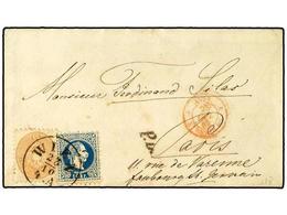 97 AUSTRIA. 1867 (Oct.). Cover To PARIS Franked By 1864 <B>15 Kr.</B> Pale Brown Arms Type, Perf 9 1/2 And 1867 <B>10 Kr - Sonstige & Ohne Zuordnung