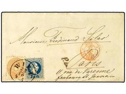 97 AUSTRIA. 1867 (Oct.). Cover To PARIS Franked By 1864 <B>15 Kr.</B> Pale Brown Arms Type, Perf 9 1/2 And 1867 <B>10 Kr - Autres & Non Classés