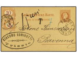 107 AUSTRIA. 1879 (June 30). <B>2kr.</B> Brown Stationery Card Used From TRIESTE To RAVENNA; Underpaid And Struck With < - Sonstige & Ohne Zuordnung