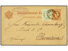 112 AUSTRIA. Sc.35. 1882 (April 26). <B>2kr.</B> Brown Postal Stationery Card Used To BARCELONA (Spain) And Up-rated Wit - Sonstige & Ohne Zuordnung