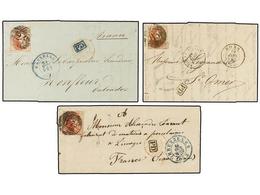151 BELGICA. 1851-58. THREE Covers To FRANCE With <B>40 Cts.</B> Rose Stamp. - Other & Unclassified