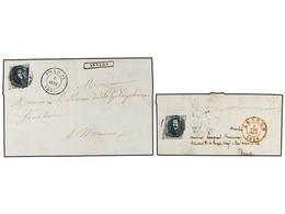 159 BELGICA. Of.7 (2). 1854-58. TWO Covers Franked With <B>20 Cts.</B> Blue Stamp. Margins Cut Diagonally. Unusual. - Autres & Non Classés