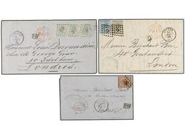 171 BELGICA. 1866-68. THREE Covers To GREAT BRITAIN With <B>10+10+10 Cts., 30 Cts.</B> And <B>20+10 Cts.</B> Frankings. - Sonstige & Ohne Zuordnung