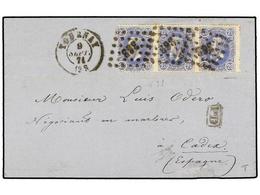 188 BELGICA. Of.31 (3). 1871. TOURNAY To CADIZ (Spain). Folded Letter Franked With Strip Of Three <B>20 Cts.</B> Blue St - Other & Unclassified